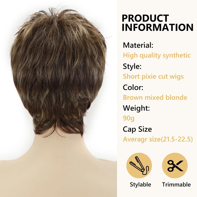 SEVENCOLORS باروكة قصيرة بلون بني داكن مختلط مع أشقر لنساء SEVENCOLORS مع طبقات وهايلايت مع غرة باروكة استبدال شعر طبيعية - Image 4